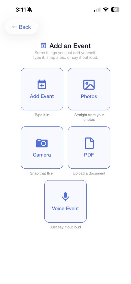 The add-an-event menu with type, photos, camera, PDF, and voice options