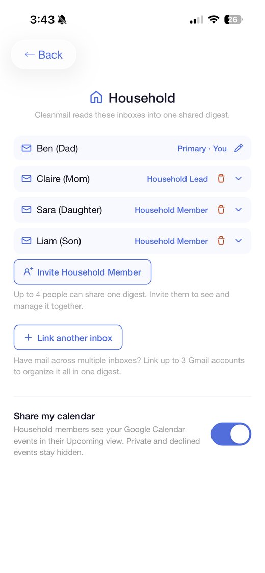 Household members and linked inboxes feeding one digest