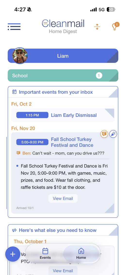 A school event with a household note asking for a ride, and a reaction on the card