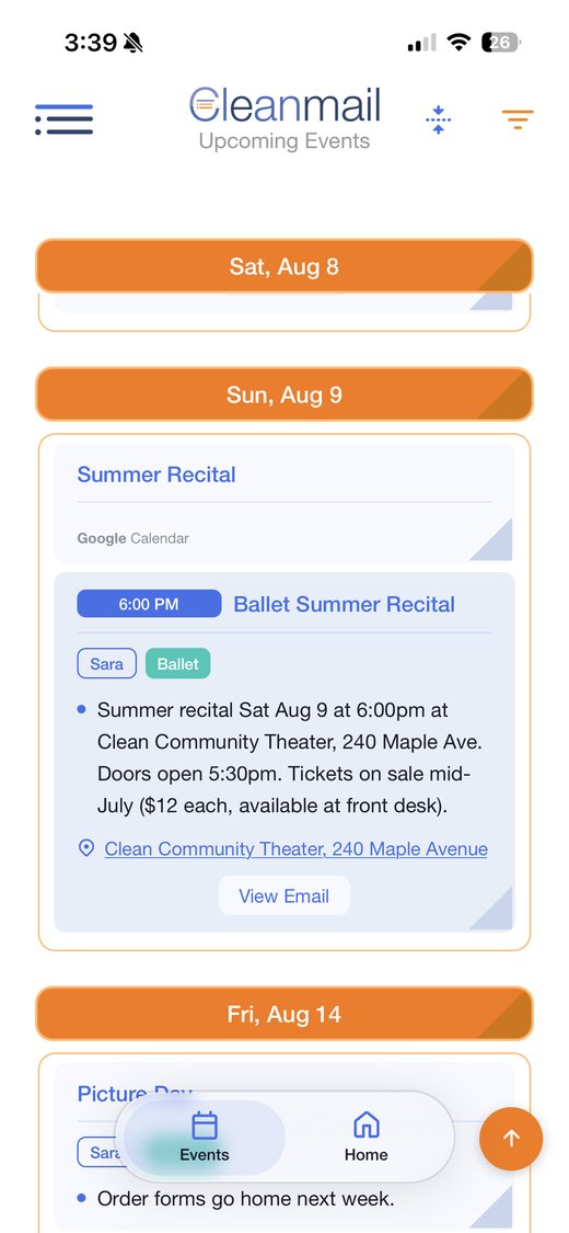 A day of upcoming events, sorted by person and activity