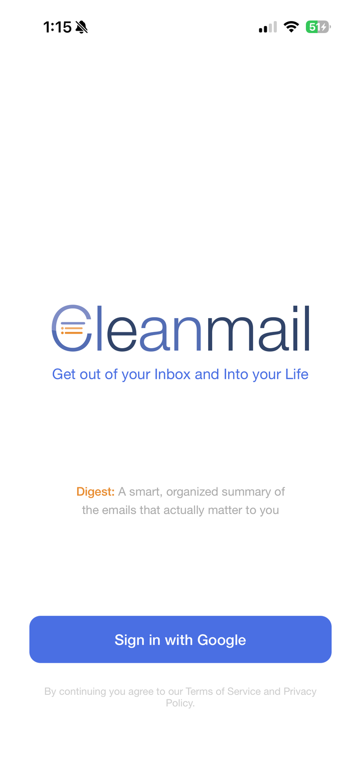 The Cleanmail sign-in screen, with a one-tap Google sign in.