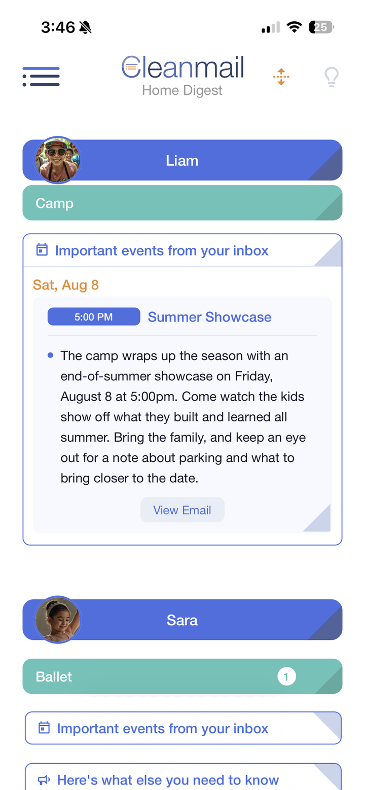 A digest sorted by person and activity, showing camp and ballet updates with upcoming events on top