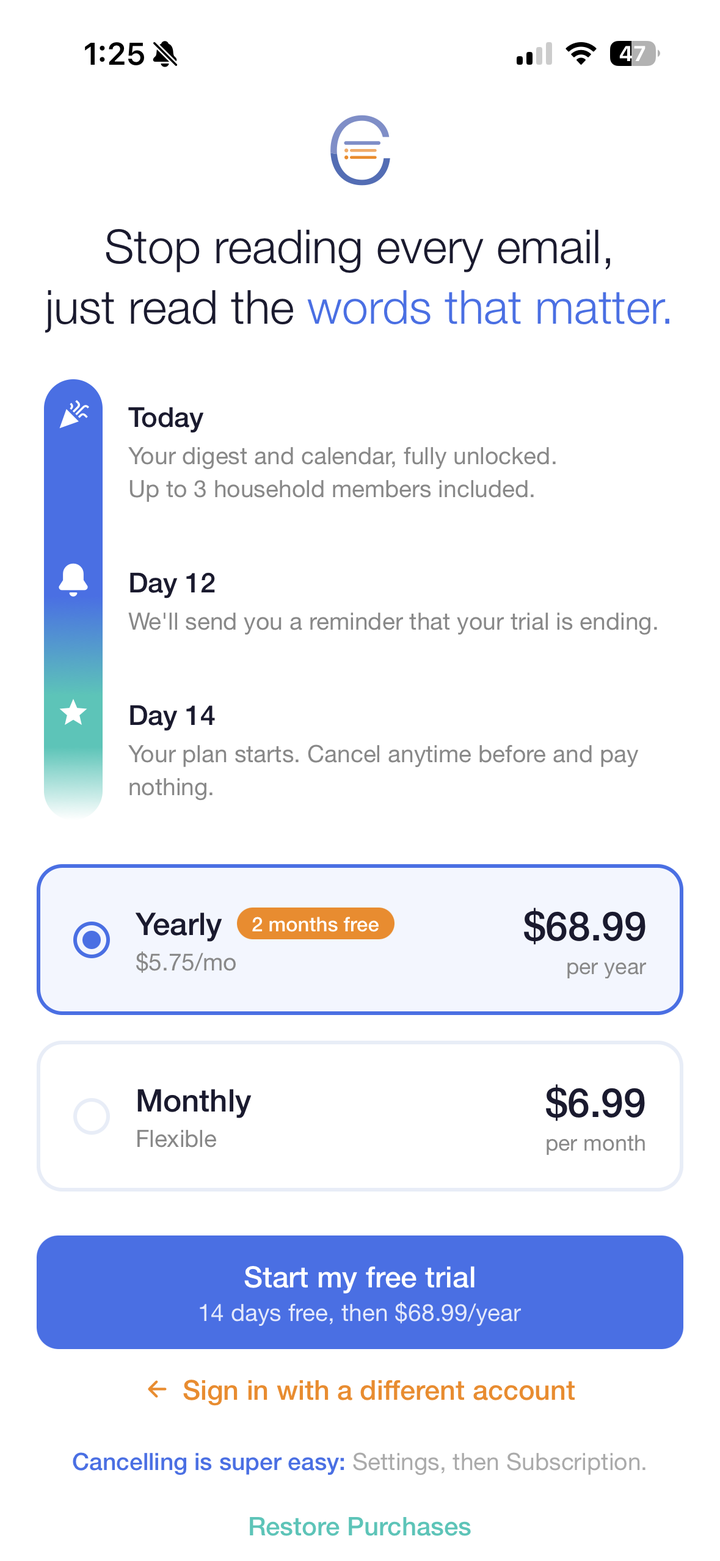 The Cleanmail plan screen: a 14-day free trial timeline, then yearly or monthly