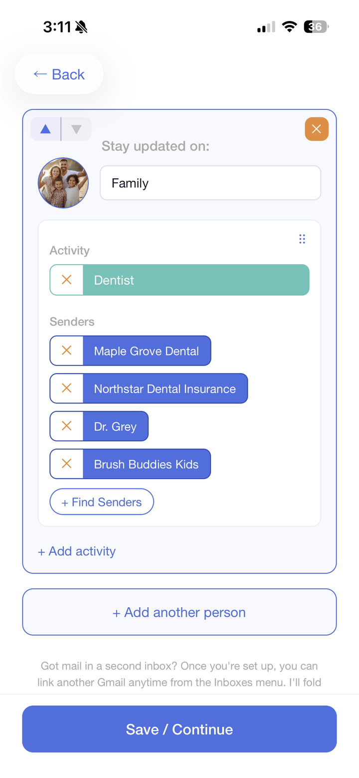 Setting up a Family section with a Dentist activity and the senders that email about it