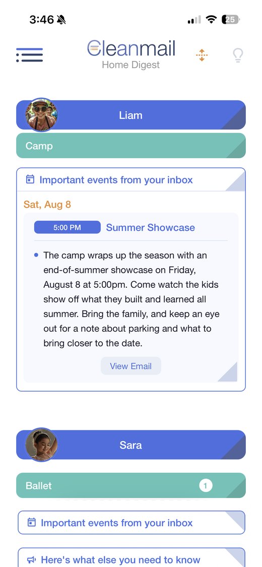 A Cleanmail digest sorted by person, showing a child's camp events